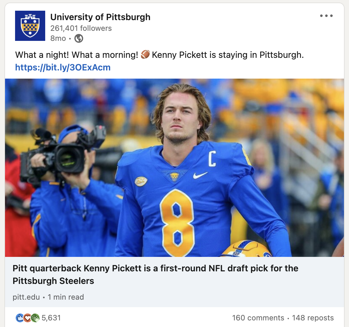 A LinkedIn post from the University of Pittsburgh shows Kenny Pickett in a football uniform and reads What a night! What a morning! Kenny Pickett is staying in Pittsburgh.