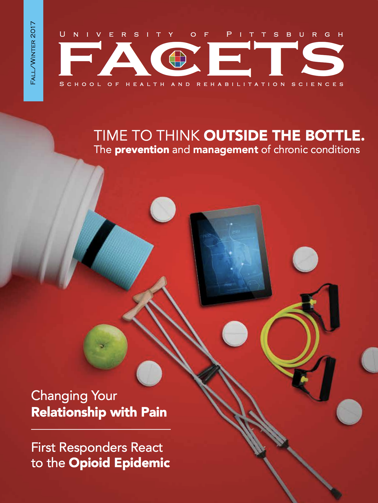 cover of the issue: bright red with pills and bottles and other medical items