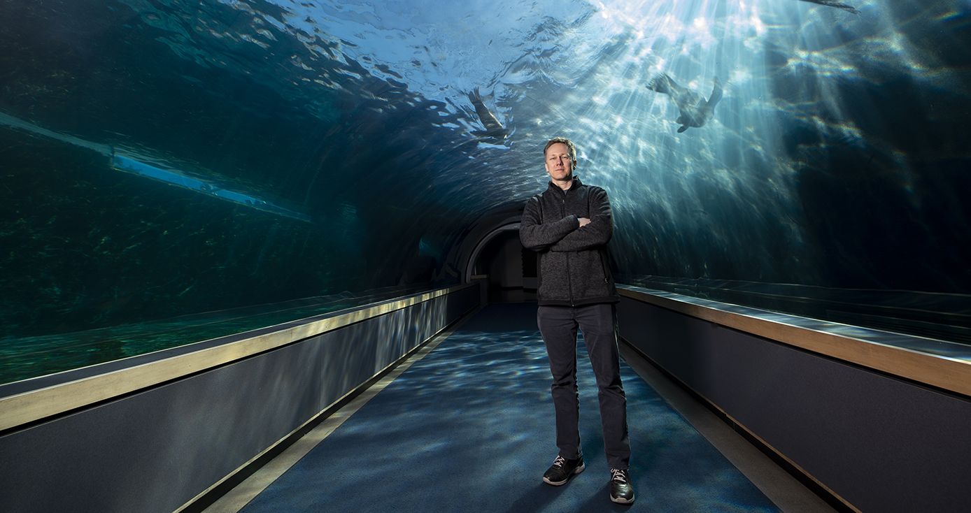 Clark, wearing a dark pullover and pants, standing in an aquarium tunnel with sea life swimming behind him