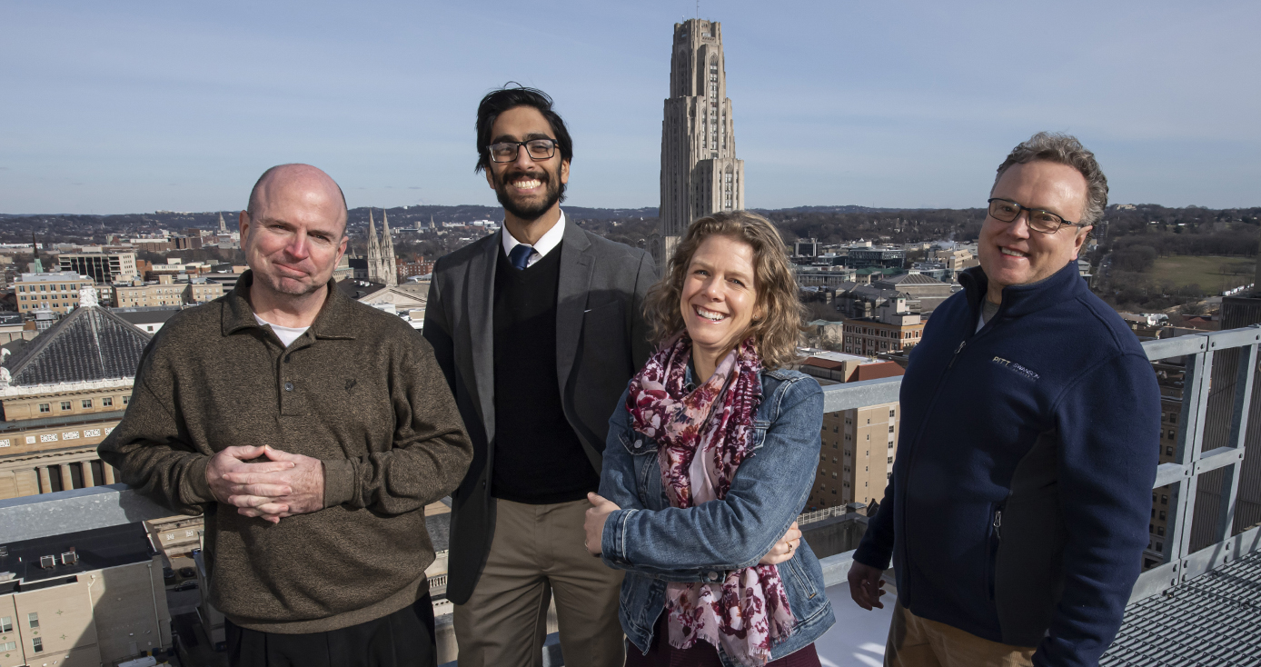 (From left to right): John Donehoo, clinical pharmacist at UPMC and program collaborator; Ravi Patel, lead innovation advisor in the School of Pharmacy; Kerry Empey, associate professor of pharmacy and therapeutics; and David Vorp, associate dean for research and William Kepler Whiteford Professor of Bioengineering.