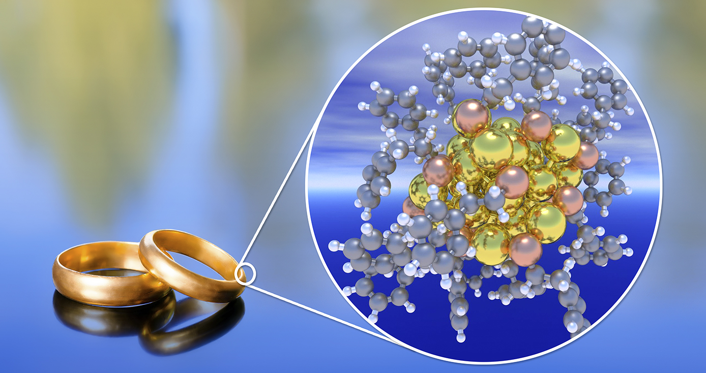 two gold wedding rings with a diagram next to them, showing their composition on a nanoscale