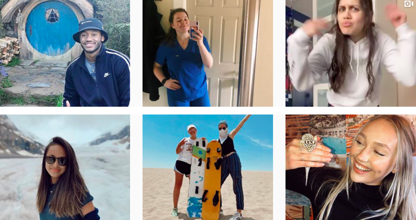 Six student social media ambassadors' posts of themselves in various locations