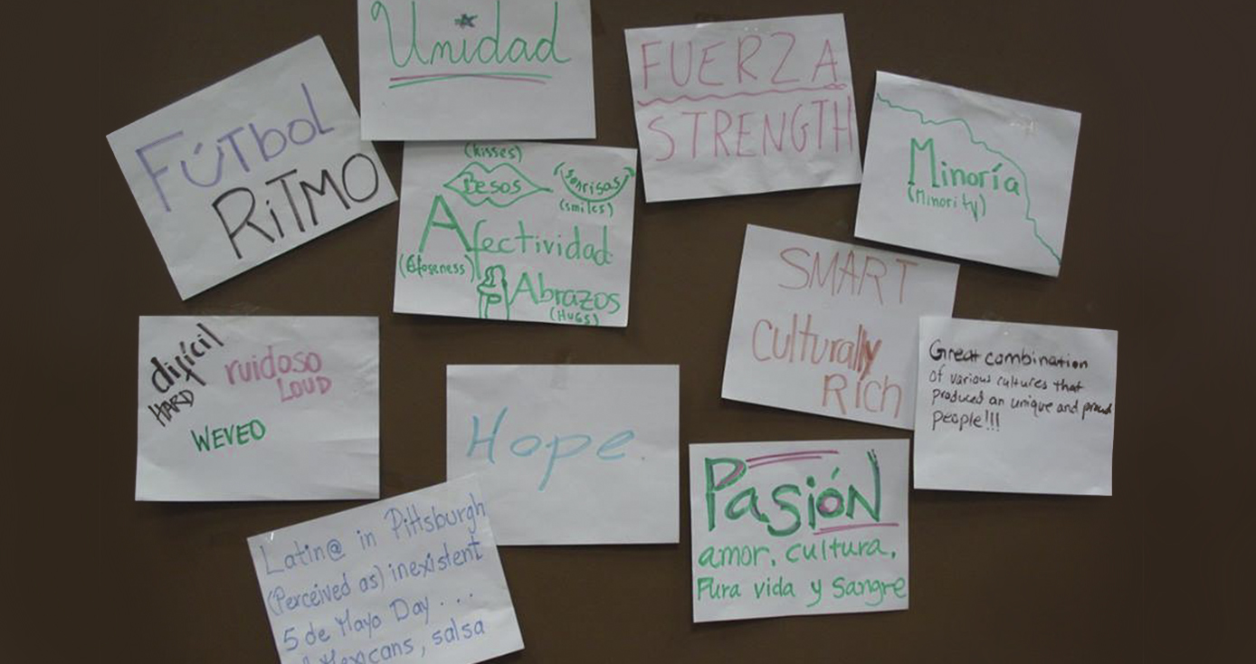 paper signs depicting student answers to what it means to be Latino