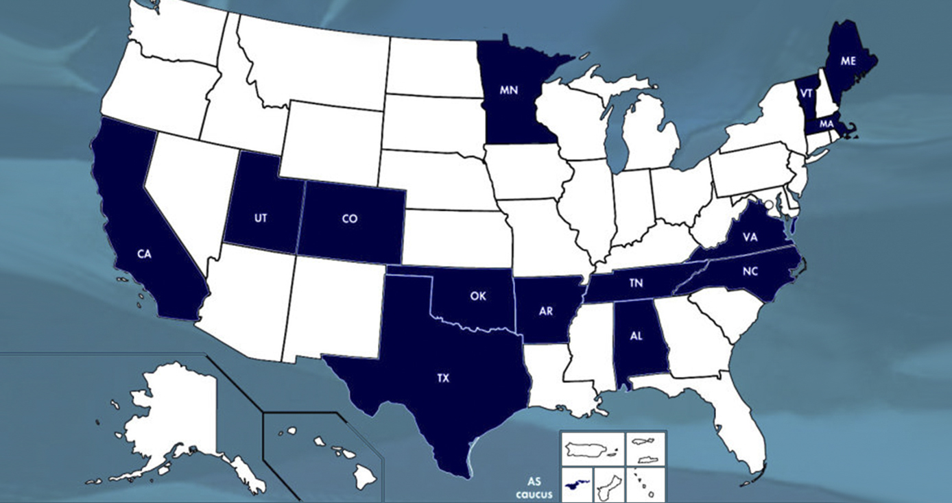 a map of the U.S. with the 14 states and one territory who voted marked