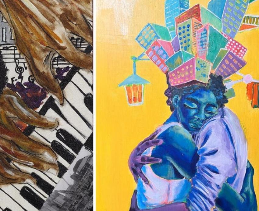 A collage of two colorful art submissions from last year's Envisioning a Just Pittsburgh initiative.