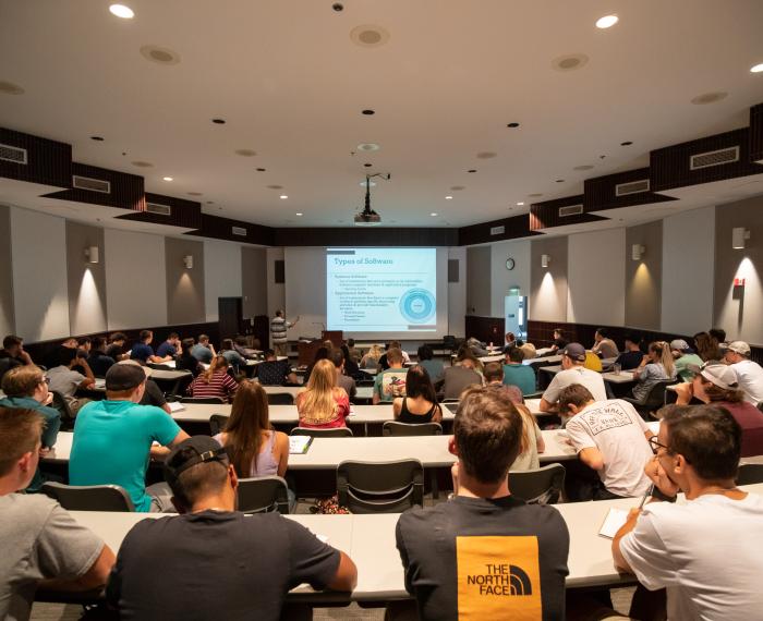 Classroom from the back with a presentation on software in the front