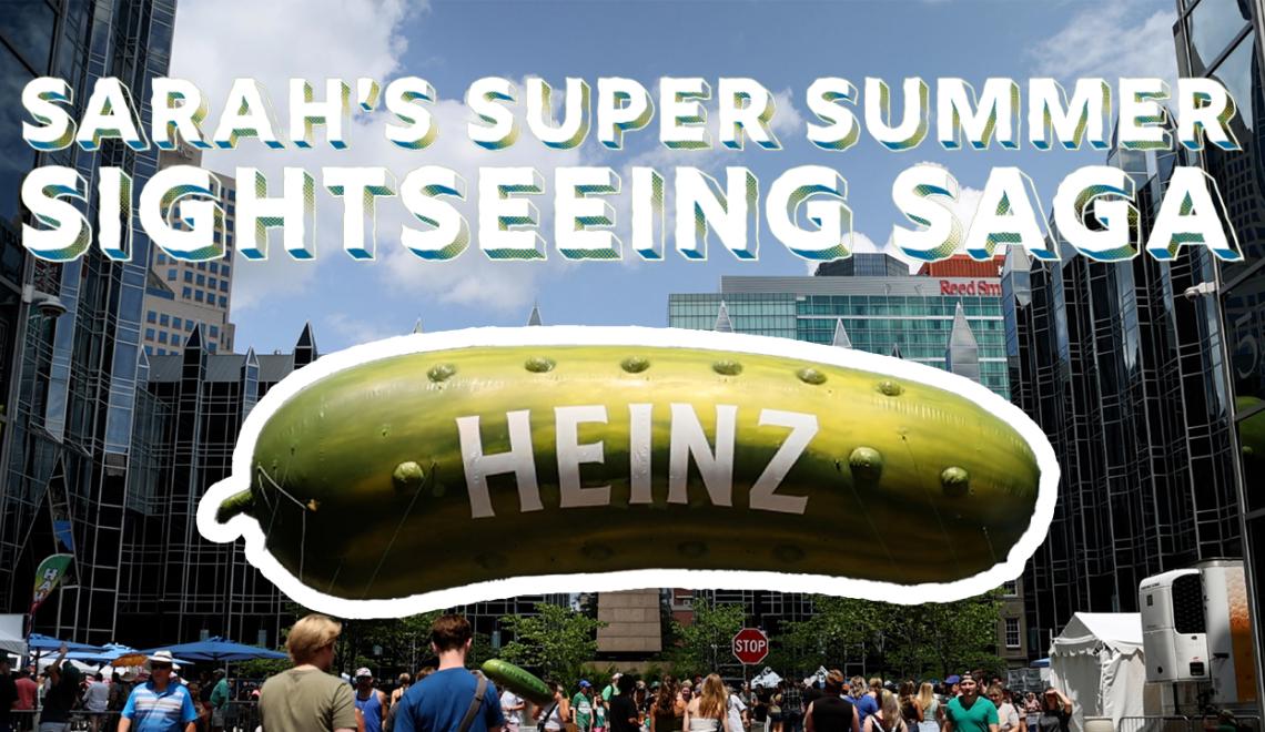 A cover for Sarah's Super Summer Sightseeing Saga shows the series title and a Heinz pickle balloon